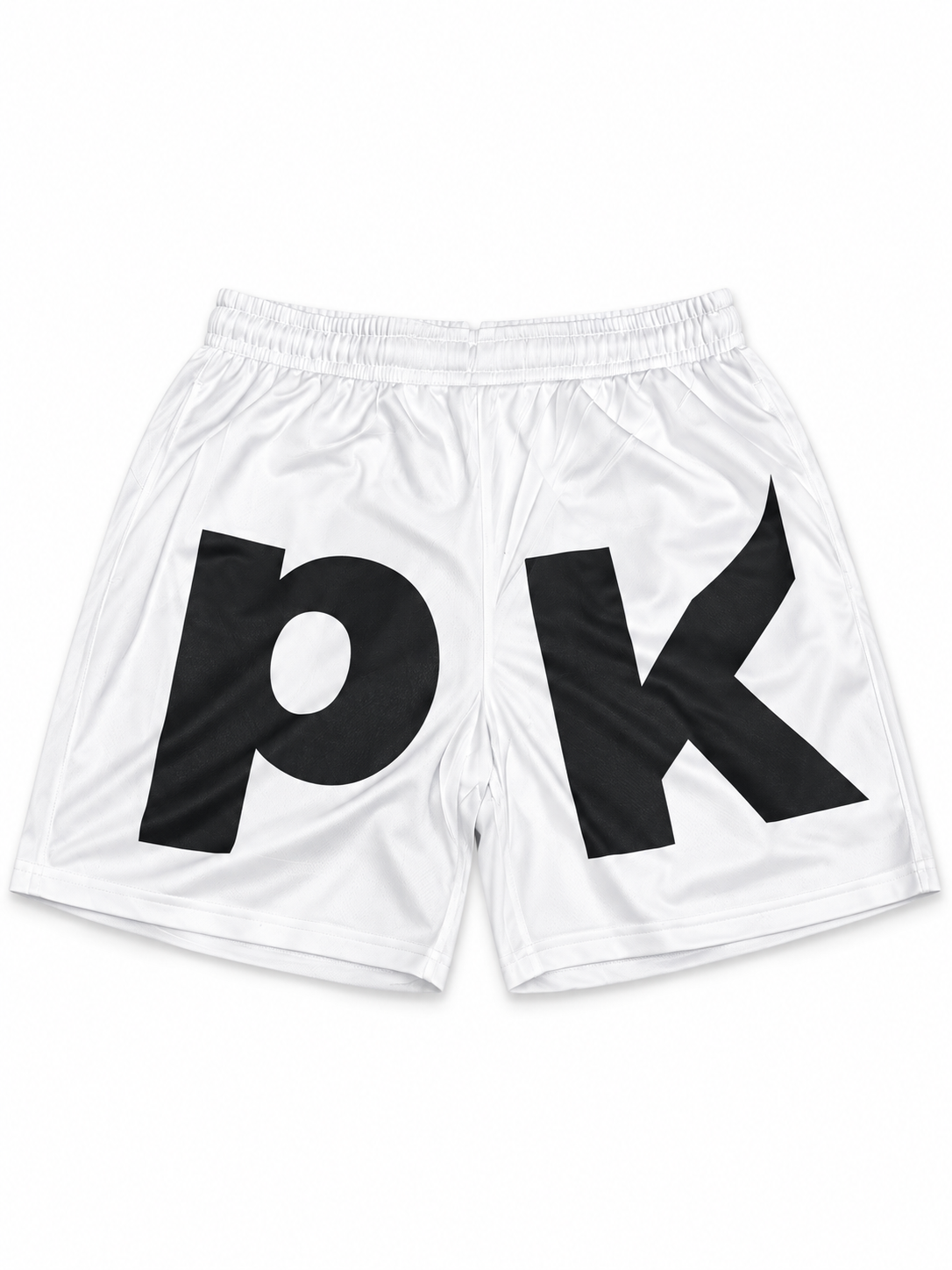 White PositiveKaos shorts with large black PK lettering